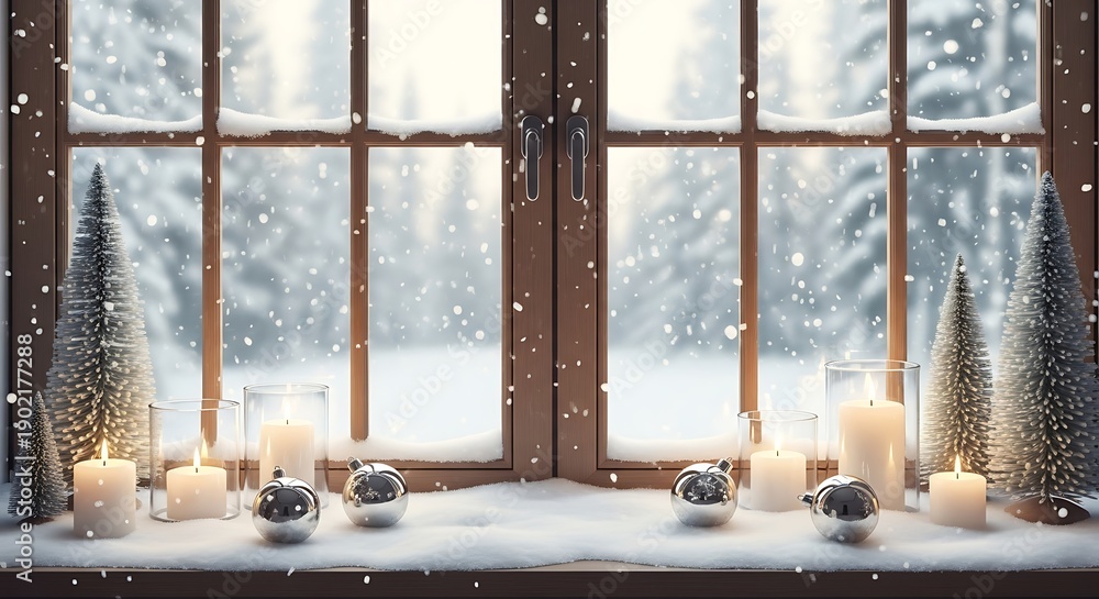 Fototapeta premium Cozy window scene with snow falling, candles, ornaments, and mini Christmas trees