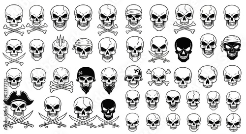 Collection of diverse skull and crossbones illustrations, featuring various styles and pirate themes.