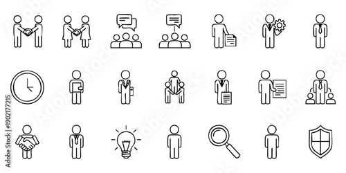 Collection of simple line icons representing business concepts and people in various roles and activities