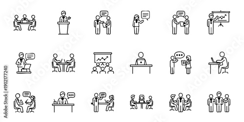 A collection of illustrations depict business meetings and presentations taking place in a professional office setting from various viewpoints