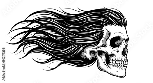 A striking black and white illustration of a human skull with long, flowing hair blowing in the wind.