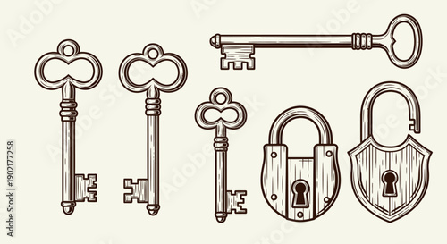 A collection of vintage keys and padlocks, rendered in a detailed sketch style on a textured background.