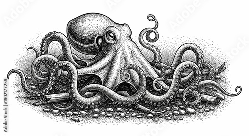 A highly detailed, stippled illustration of an octopus with its tentacles spread out on a bed of pebbles and debris.