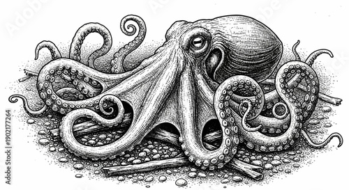 A highly detailed, monochromatic illustration of an octopus with its tentacles spread out amongst pebbles and driftwood.