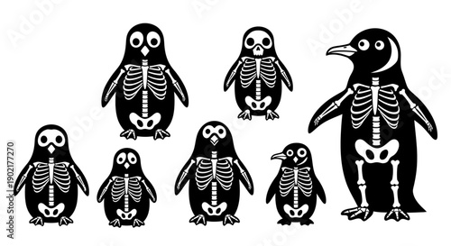 A collection of cartoon penguins with visible skeletons, depicted in various sizes and poses against a white background.