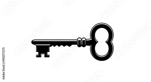 A black antique skeleton key with a decorative bow and a notched bit.