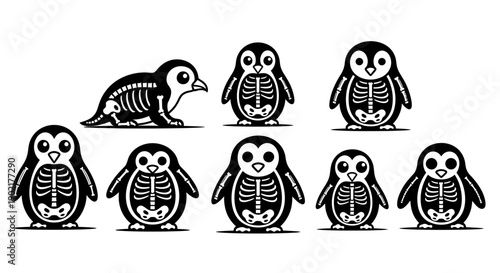 A collection of cartoon penguins and a seal, all depicted with their skeletons visible, presented in a black and white illustration.
