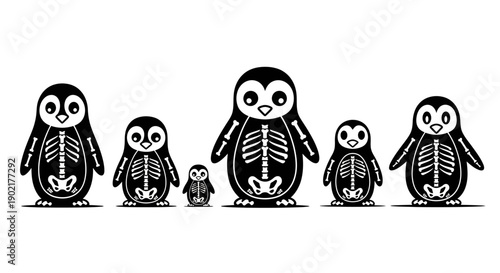 A group of penguins with visible skeletons, depicted in a stylized, black and white illustration.