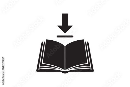 Minimalist open book silhouette icon with download arrow black vector illustration