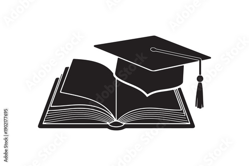 Minimalist open book and graduation cap silhouette icon black vector illustration