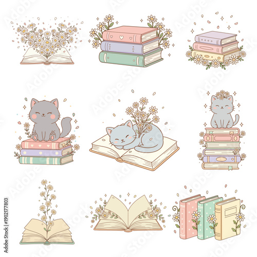 Floral Book Bundle, Bookish Clipart, Cute Books With Flower, Wildflower Book Stack illustrations