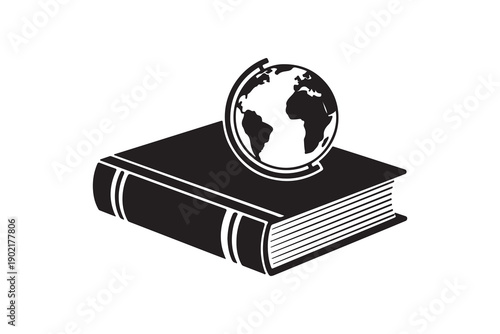 Minimalist book and world globe silhouette icon black vector illustration