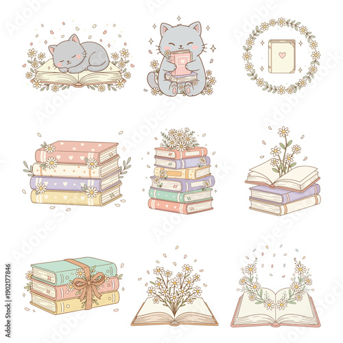 Collection of Floral Book Art, Bookish Clipart, Cute Books With Flowers, Wildflower Book Stack illustrations
