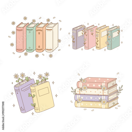 Collection of Floral Book Art, Bookish Clipart, Cute Books With Flowers, Wildflower Book Stack illustrations
