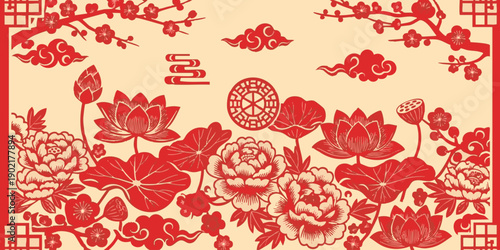 Traditional Chinese floral pattern with lotus flowers and birds in a decorative border