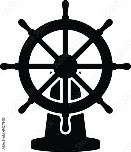 Minimal vector silhouette, nautical ship’s wheel mounted on a small stand, solid black, isolated on white.