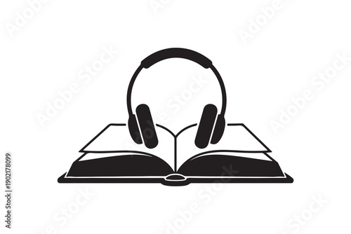 Minimalist open book and headphones audiobook silhouette icon black vector illustration