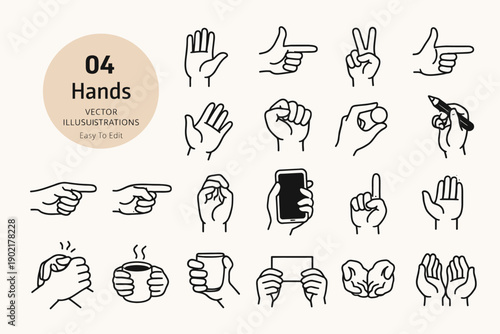 Collection of hand gestures and symbols in simple line art illustrations