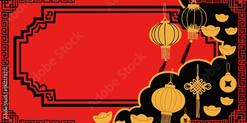 Celebratory lanterns and ornaments in traditional Chinese New Year decoration with red and gold colors in a festive illustration from an overhead viewpoint