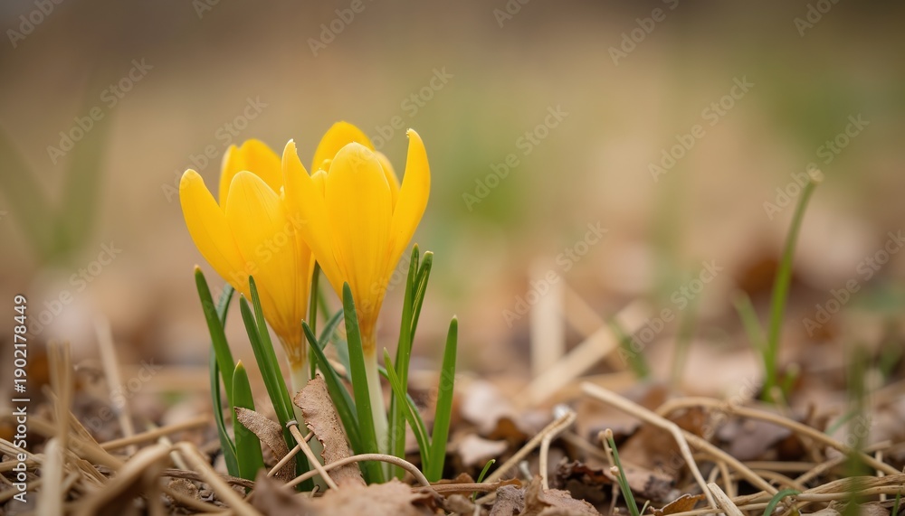 Obraz premium Yellow crocus flowers blooming in springtime garden 