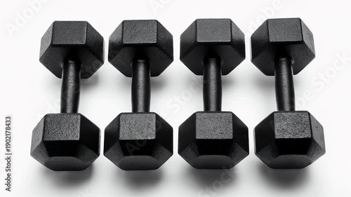 A high-angle shot of four black cast-iron dumbbells arranged on a white backdrop, demonstrating symmetry. Their surfaces have a subtle texture
