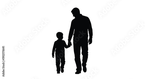 Silhouetted father and son walking hand in hand against a white background