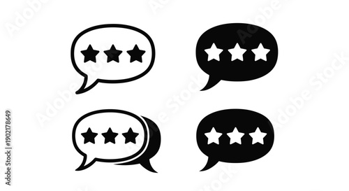 Four black speech bubbles each containing three white stars