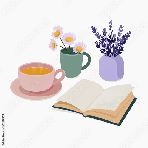 Cozy still life with herbal tea, open book, lavender and chamomile flowers.