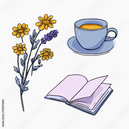 Hand-drawn vector illustration clipart set of chamomile tea, lavender flowers, and an open book for relaxation.