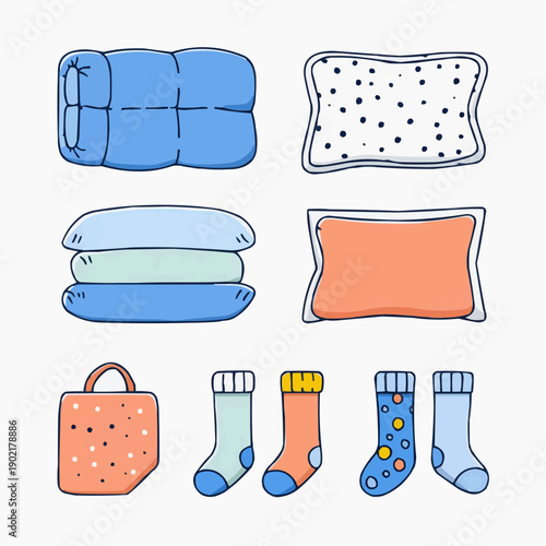 Cozy sleep accessories set with blanket, pillows, and socks. Naive cartoon vector illustration for comfort and relaxation.