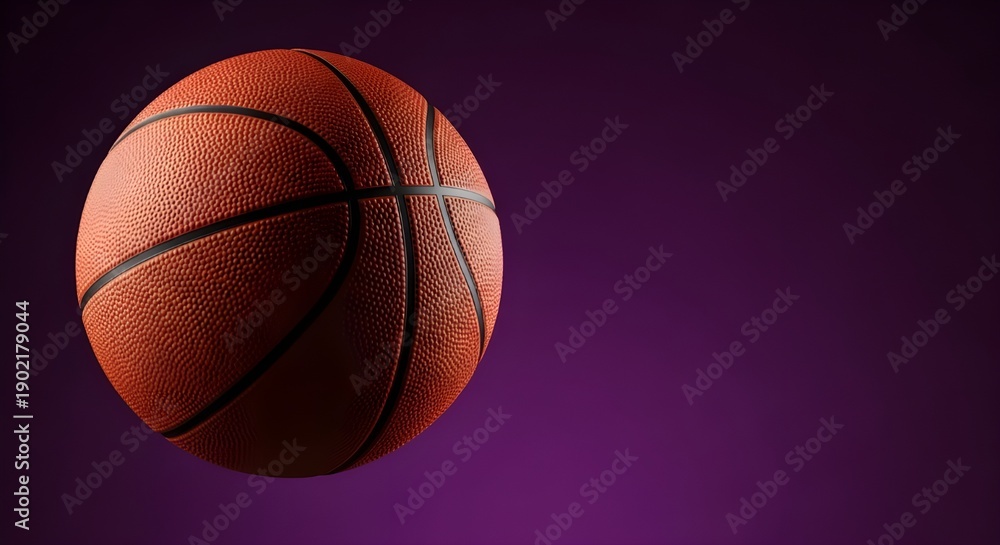 Obraz premium Classic orange basketball in mid-air, vibrantly illuminated against a rich purple background, capturing the spirit of competitive sport and active lifestyle