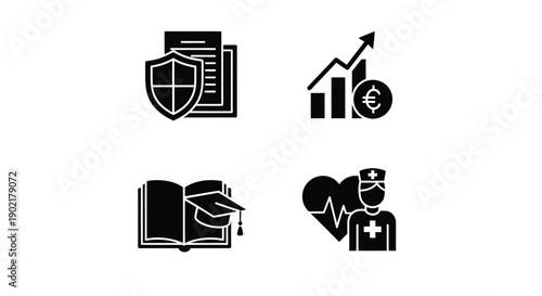 Four icons representing content protection economic policy education and medicare