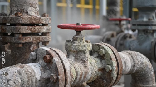Wallpaper Mural Detailed view of corroded industrial pipeline system with a red valve, steam rising in a factory setting. Torontodigital.ca