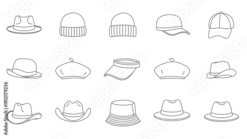 Collection of hand drawn hats in various styles and shapes