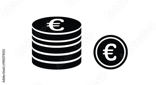 A stack of euro coins and a single euro symbol in black and white