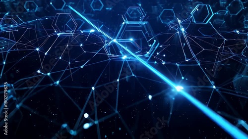 A digital rendering features a network of interconnected nodes and lines illuminated in blue against a dark, ethereal backdrop