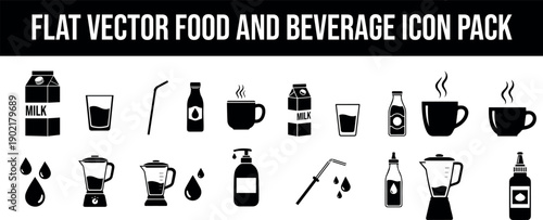 Flat vector icons of various food and beverage items on white background