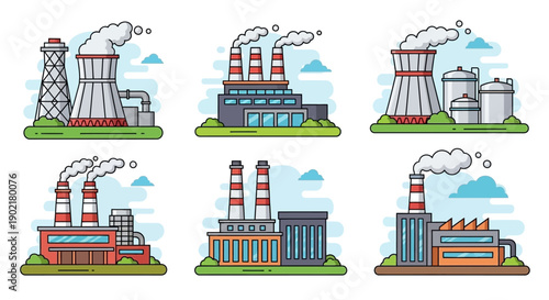 Collection of six stylized illustrations of industrial factories with smokestacks emitting steam or smoke against a cloudy sky.