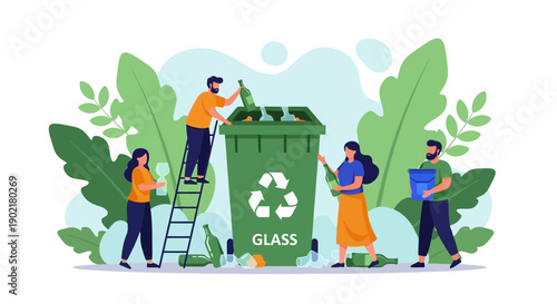 People recycling glass bottles into a green recycling bin with a recycling symbol, surrounded by green leaves.