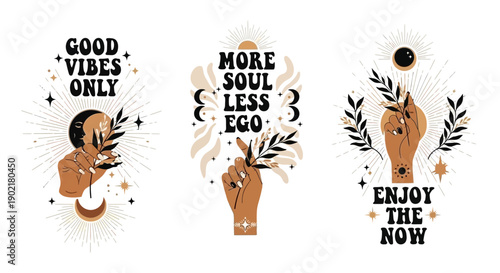 Three mystical illustrations featuring hands holding branches with celestial elements and inspirational quotes.
