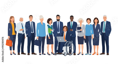 A diverse group of business professionals standing together, including a person in a wheelchair.