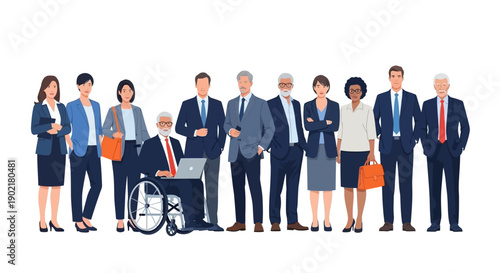 A diverse group of business professionals, including a person in a wheelchair, standing together in a studio setting.