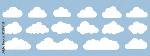 Eight white cloud icons on a gray background. Cloud shapes vary, creating a simple cloud pattern. Cloud icons are uniform, emphasizing cloud design. Weather illustration, vector se