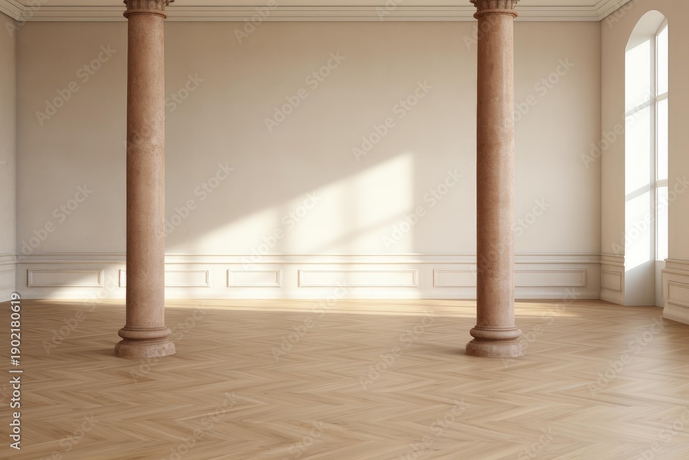 Naklejka premium Empty classical room interior with two columns, parquet floor, and sunlight streaming through a window