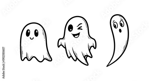 Set of cute cartoon ghost line icons for Halloween on white background