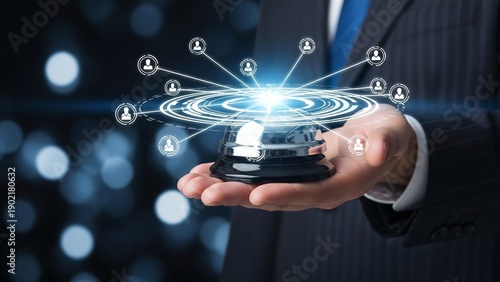 Businessman holding a glowing bell with network connections and people icons emanating from it
