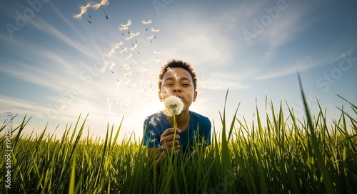 Young boy blowing dandelion seeds in grassy field at sunset  