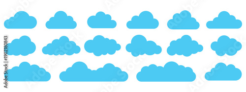 Collection of white cloud shapes vector isolated on sky blue background. Cloud icon set