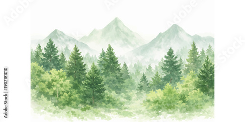 A scenic alpine mountain landscape features lush green grass and a dense forest of trees leading to high rocky peaks under a cloudy sky in a summer valley