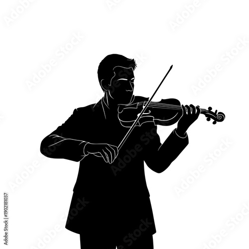 A black silhouette of a man playing the violin with a bow